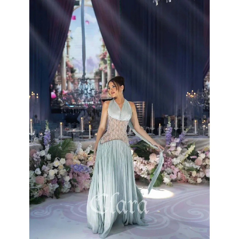 Vestidos de Fiesta Personalizados Clara, sin Mangas, con Cuello Halter, Vestidos de Noche Largos con Pliegues y Cuentas