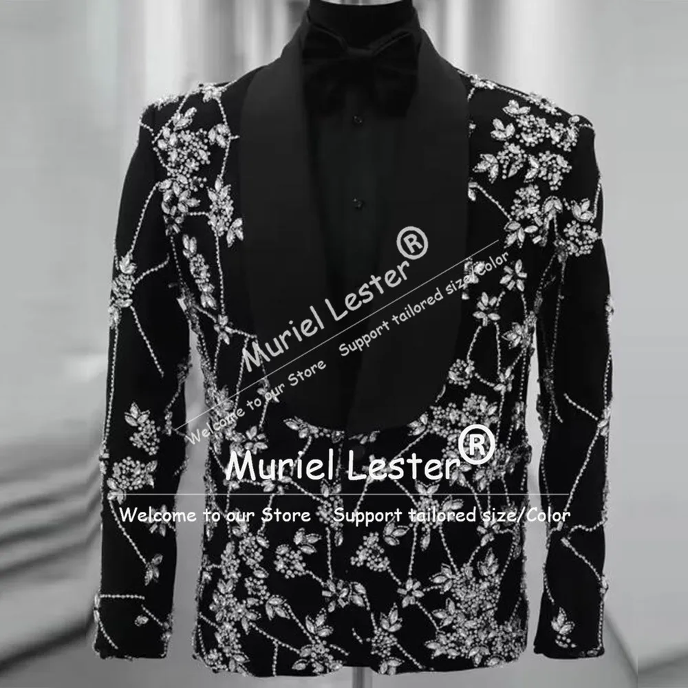 Exclusive Men's Tuxedo Suit For Wedding Shawl Lapel Prom Blazer With Sliver Beaded Stones Customized Single Breasted Groom Coat