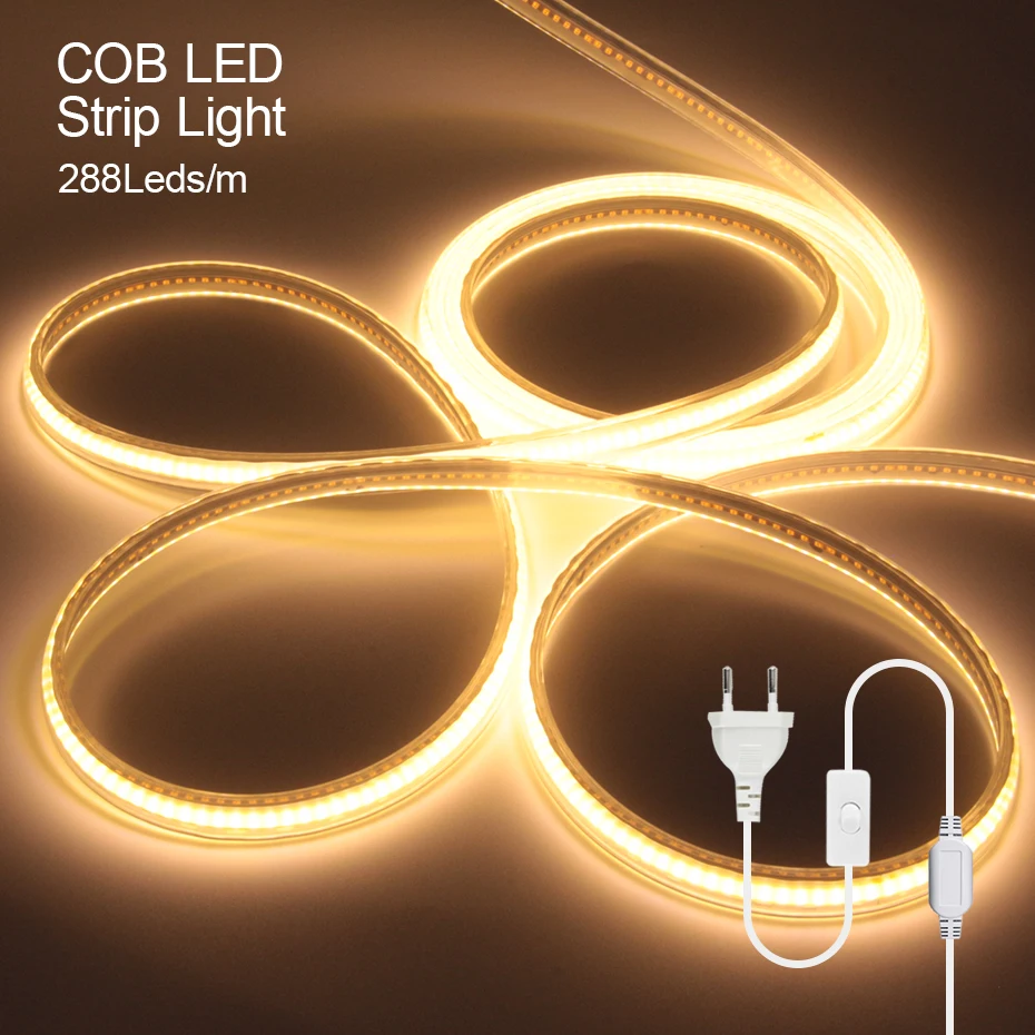 

Waterproof IP65 220V COB LED Strip Light 288LEDs/m 0.5m-50m with EU/AU ON/OFF Switch Plug for Hotels Clubs Shopping Malls