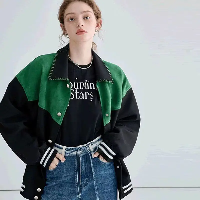 

Loose Fit Women's Baseball Jacket Blazer Spring Collection Retro Patchwork with Detachable Hood Zipper Closure Sporty Outerwear