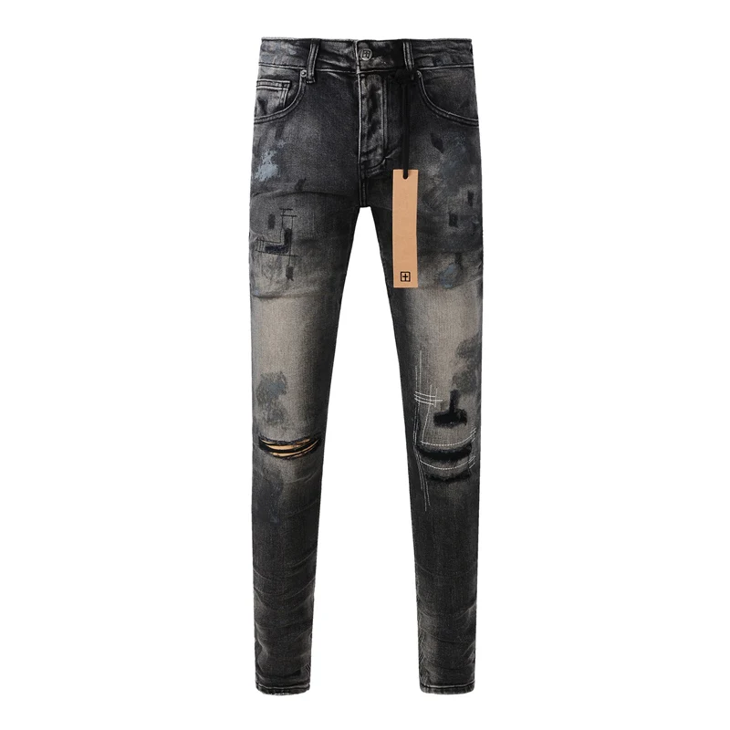 

Designer street fashion boutique men's scratch retro black gray ripped jeans elastic tight jeans hip-hop brand high-quality pant