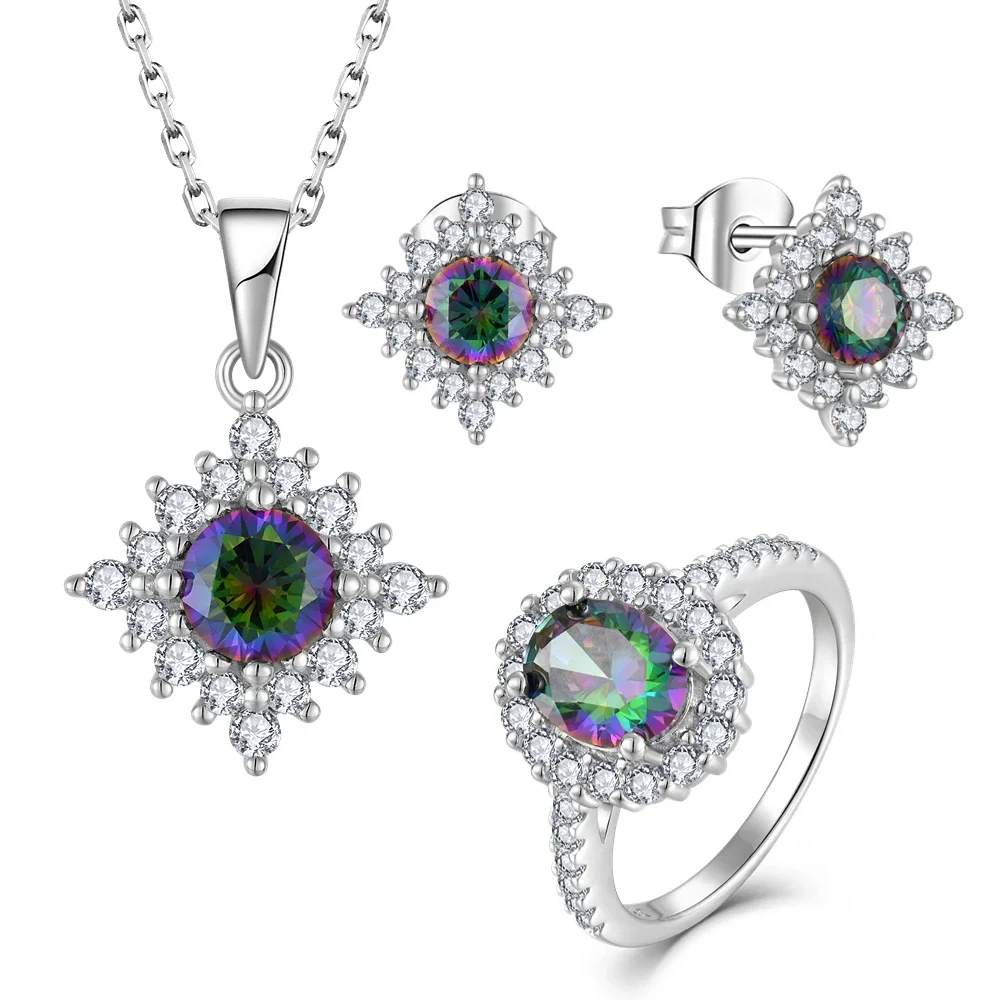 New Arrivals Custom Flower Rings Necklace And Earrings 925 Sterling Silver Mystery Zircon Jewelry Set