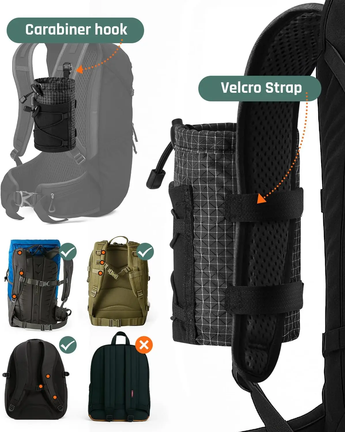 Image 7: Pochette porte-bouteille d'eau avec boucle à crochet, porte-bouteille d'eau pour sac à dos, support de sac en maille adapté aux bouteilles de 8 à 32 oz pour la randonnée, Ru