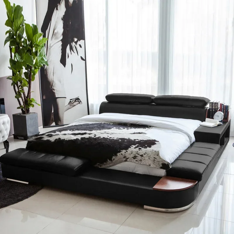 

Modern Minimalist Leather Bed Nordic Master Bedroom Light Luxury Double Bed Multi-Functional Genuine Leather