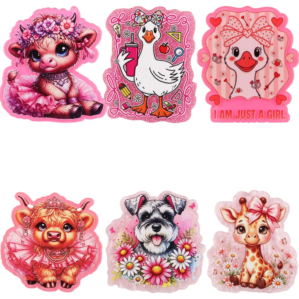 10Pcs Animal Flatback Dog Geese Deer Cow Pink Glitter Resin Planars DIY Accessories For Jewelry Making Brooch Card Holder