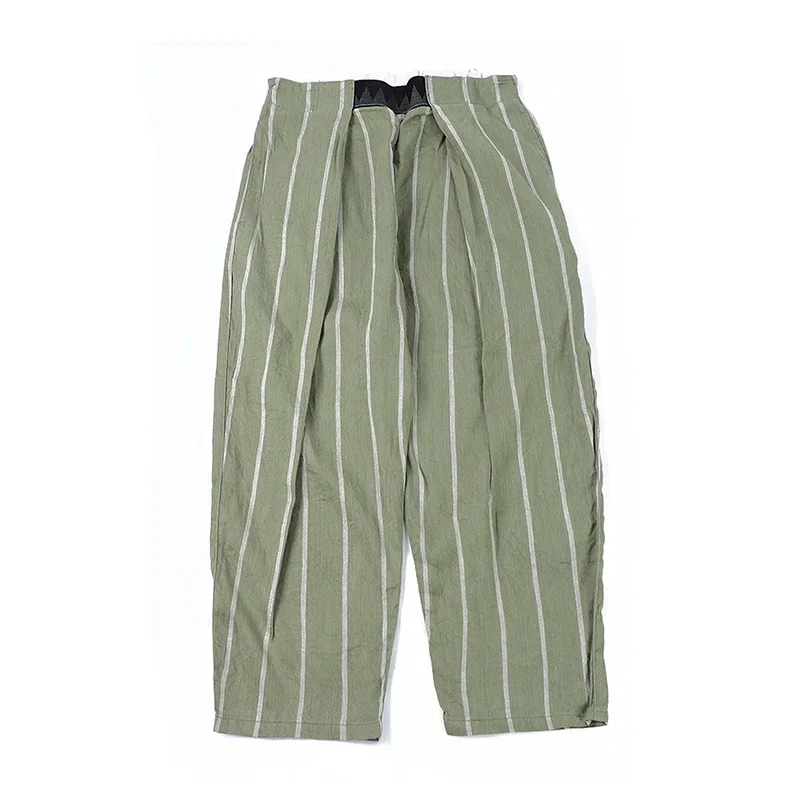 KAPITAL Japanese Style Two-color Cotton Linen Stripe Breathable Casual Men's and Women's Loose Pants Washed Army Green Trousers