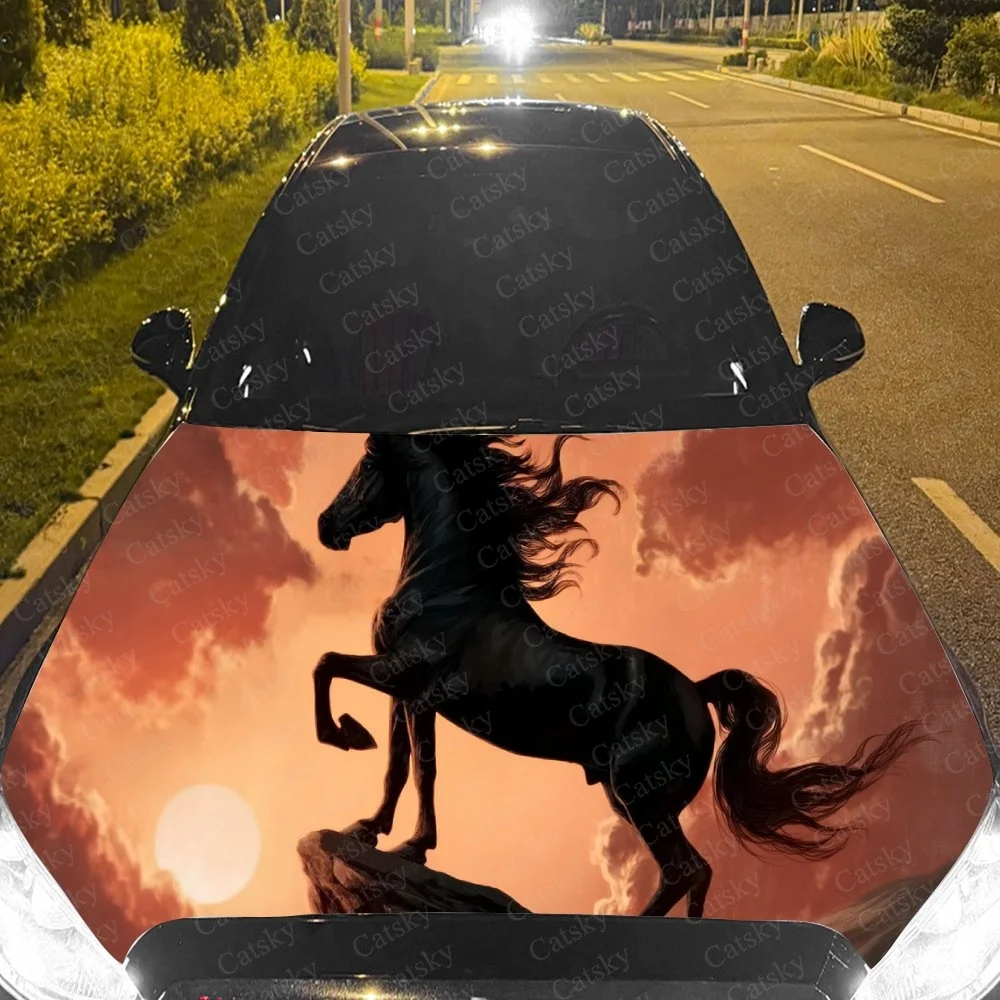 Elegant black horse silhouette against fiery sunset sky, dynamic and majestic design for car hood.Car hood sticker
