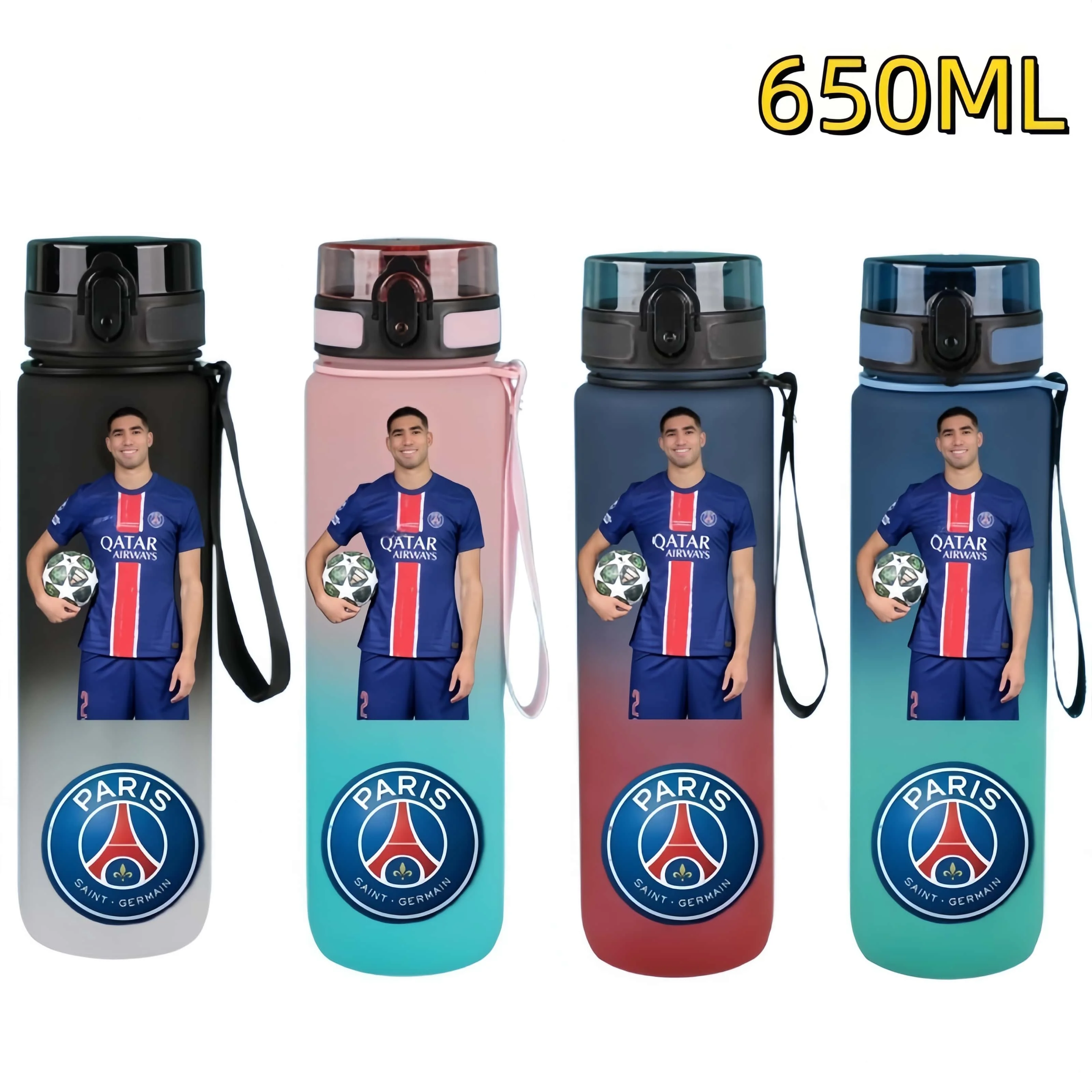 650ml 2025 챔피언 팀 축구 스타 워터 컵 Désiré Doué 휴대용 대용량 스포츠 피트니스 플립 커버 마시는 병