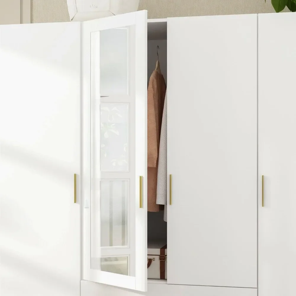 4-Door Wardrobe Closet with Mirror, Armoires and Wardrobes with Drawers Shelves, Armoire Wardrobe Closet with Hanging Rod, White