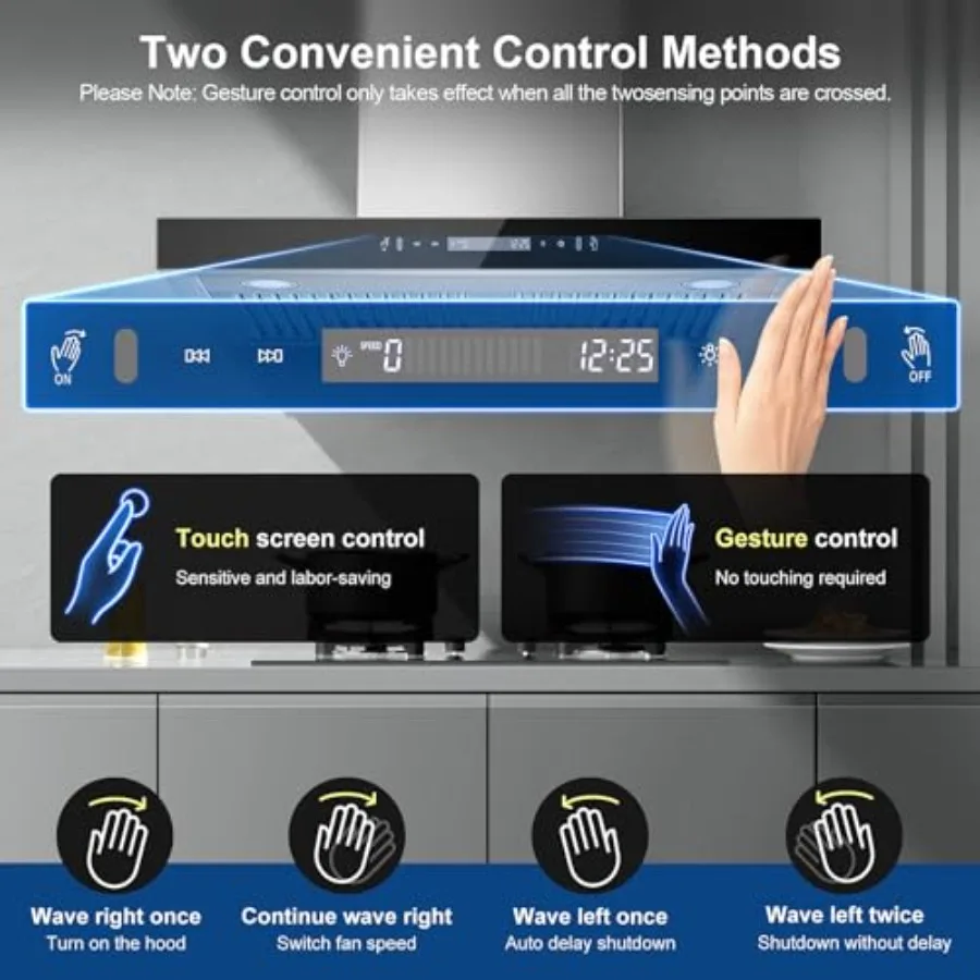 شفاط المطبخ المثبت على الحائط 30 بوصة 600 CFM T الشكل مع التحكم بالإيماءات باللمس لتهوية المطبخ بدون أنابيب قابلة للتحويل Ex #4