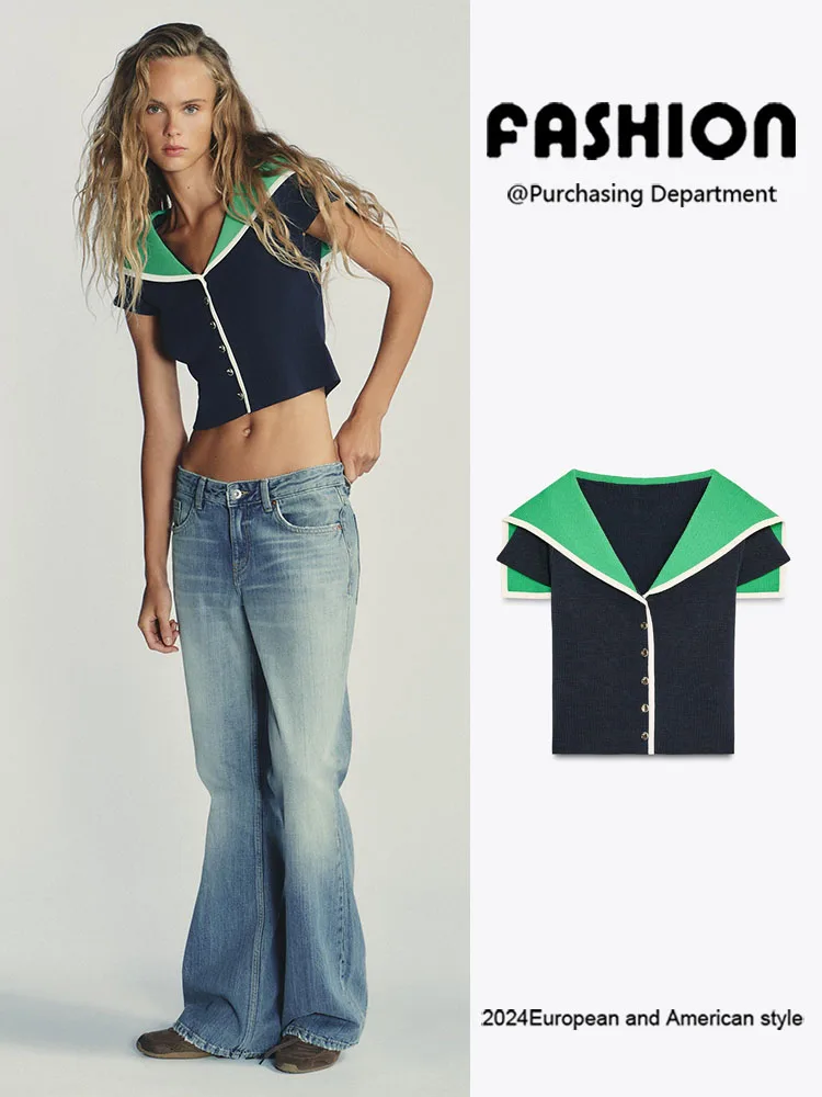 

New Summer Women's Knitted ort Sve V-Ne Collar Color Blo irt Slim Fit Commute Sle Faion 40