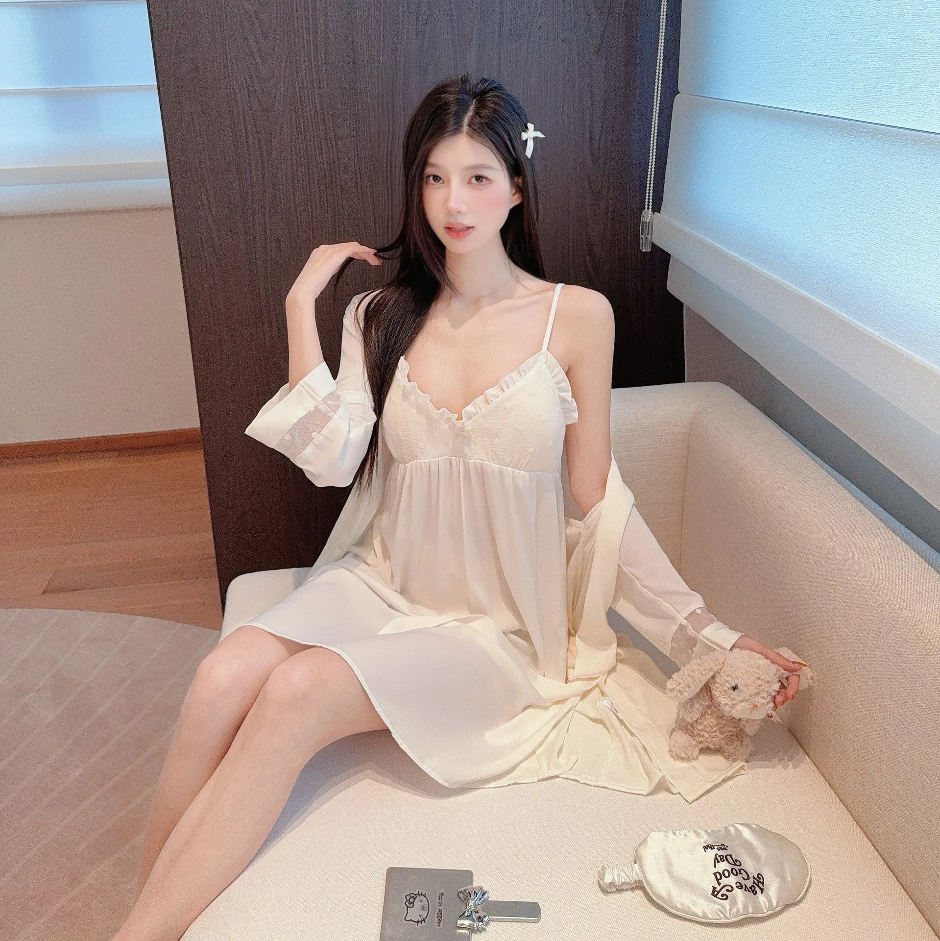Sexy Mesh Robe Spaghetti Strap Short Kimono Gown Lady Style Vestidos De Novia 2025 New Chinese Style Robe Set Nightgown