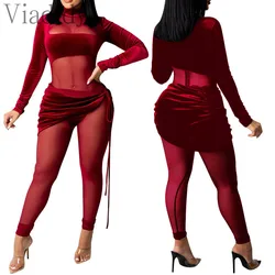 Women Sexy Sheer Mesh Velvet Patchwork Long Sleeve Skinny Jumpsuit