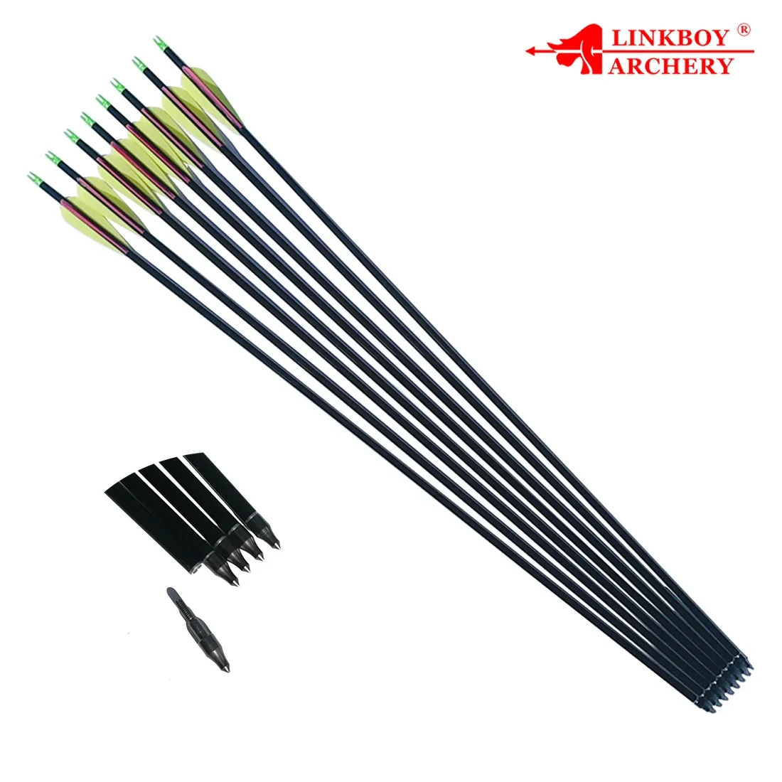 

Linkboy Archery Pure Carbon Arrows ID6.2mm 12pcs 3inch Plastic Vanes 100gr Arrow Point and Nock for Compound Bow Hunting