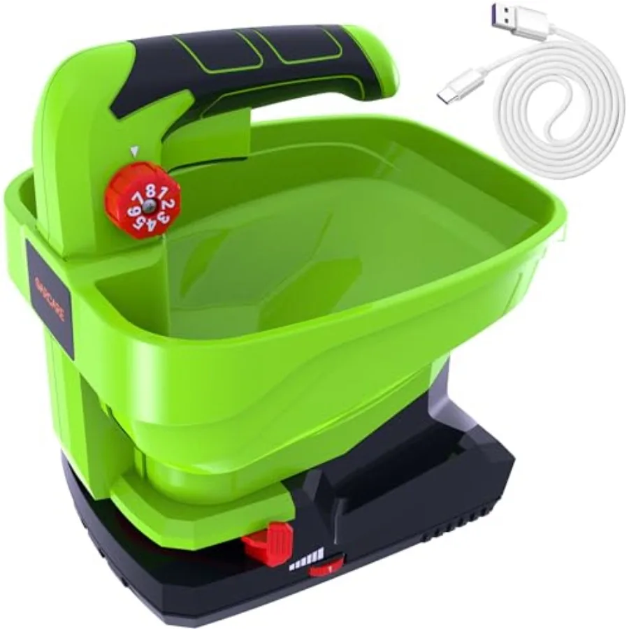 

Garden seed spreader for grass seed fertilizer rock salt and ice melt; lithium battery-powered; black; 7.2V/2000mAh rechargeabl