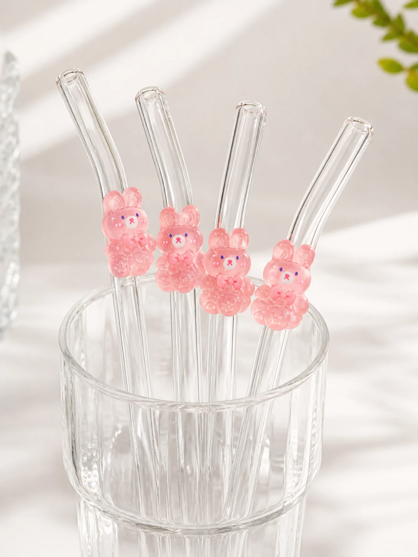1/2/5PCS Pink Bunny Glass Straw,Reusable for Parties, Beach, Gifts for Christmas, Birthday, Graduation.