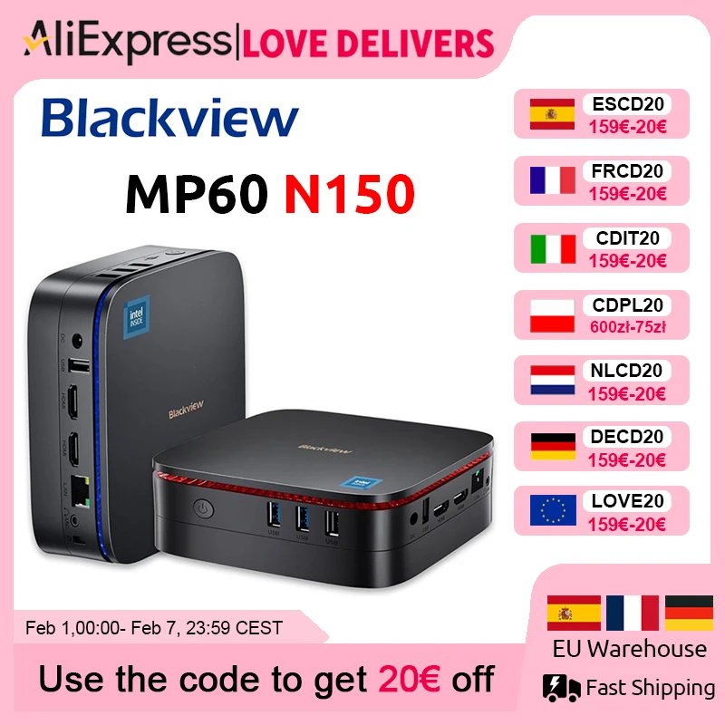 Blackview NIEUWE MP60 N150 Mini PC Windows 11 PC 16GB 512GB SSD Ondersteuning 4K UHD Display Doble HDMI Dual-Band WIFI Intel UHD Graphics