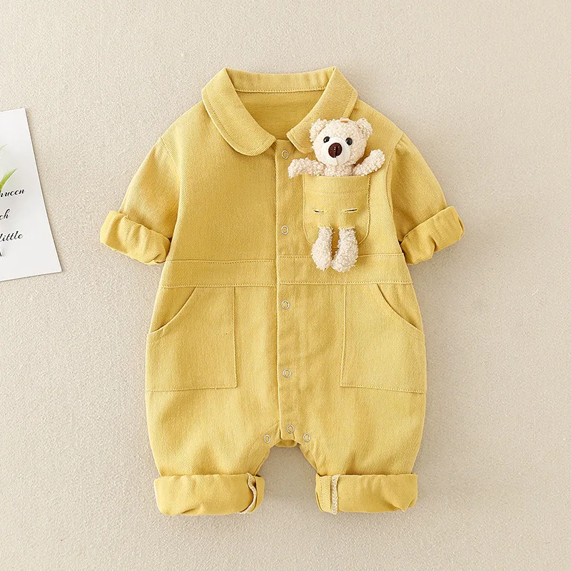 Newborn Jumpsuit Baby Girls Boys Casual Denim Cartoon Doll Overalls Spring Autumn Baby Clothes Long Sleeve Fashion Infant Romper