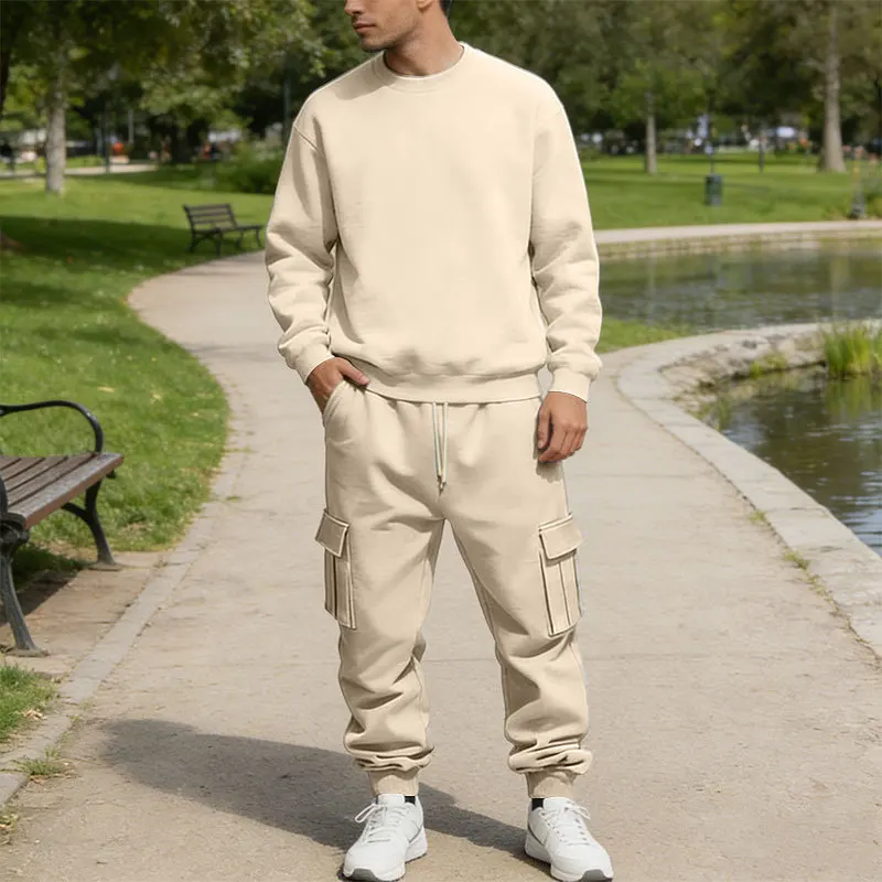Men's Fleece Round-Neck Sweatshirt Set Loose Casual Long-Sleeved Two-Piece Set Autumn Winter Comfortable Sweatshirt Cargo Pants
