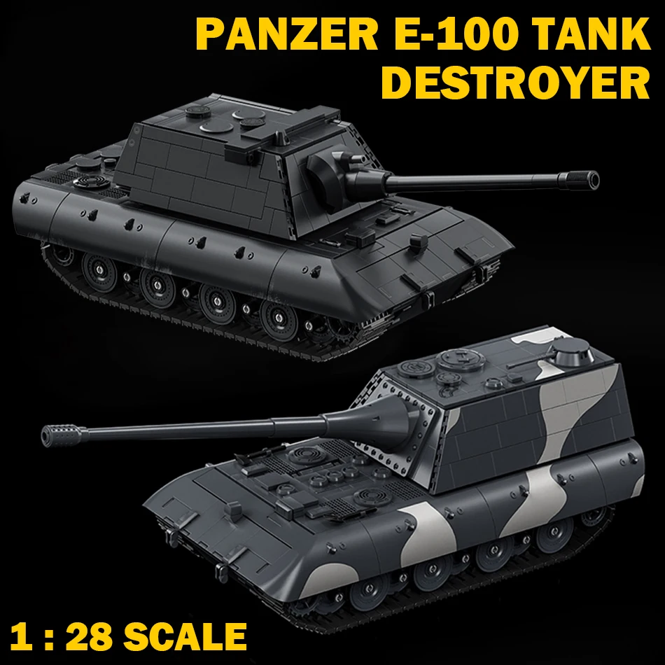 

MOC World War Military German E-100 Tank Destroyer Building Blocks WW2 Panzer Heavy Tank with Soldiers Bricks Toys for Kids Gift