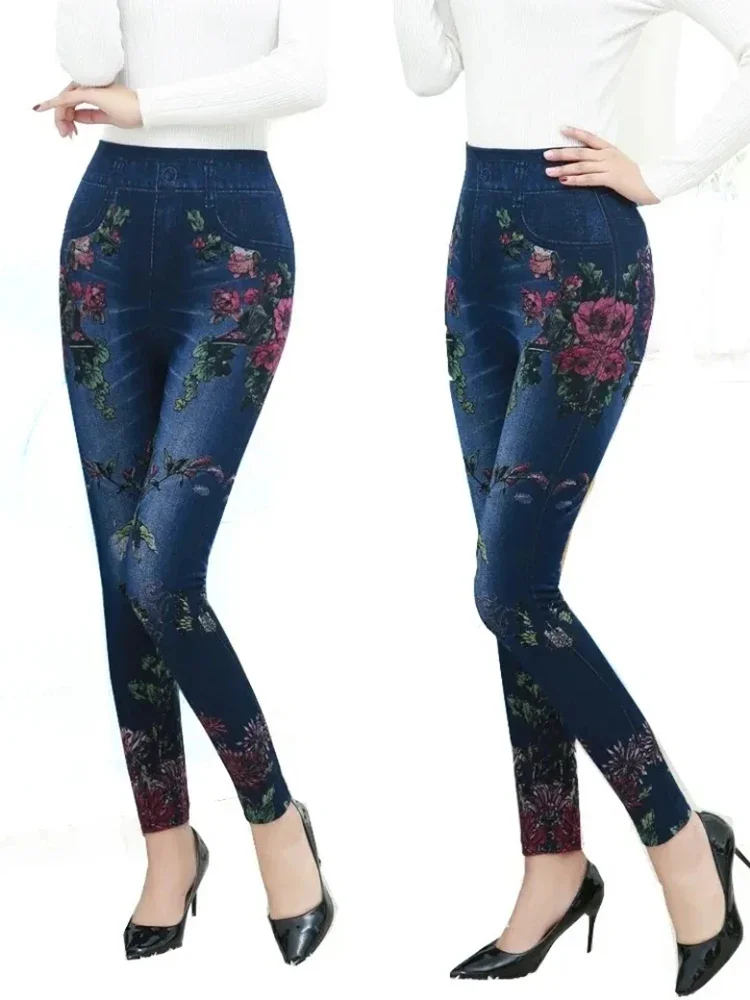 Skinny Winter Velvet Lined Multicolored Printed Pencil Denim Pants Elegant Mom Plush Warm Jeans High Waist Chic Vaqueros A846