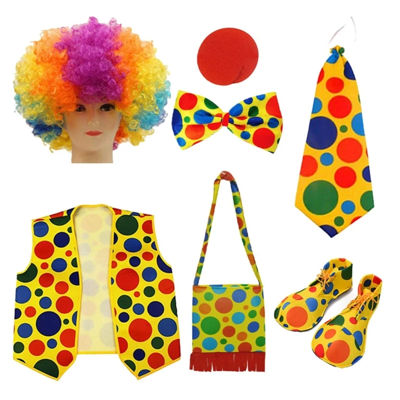 Clown-Kostüm, Weste, Handschuhe, Fliege, rote Nase, Perücke, Hosenträger, Strümpfe, Schuhe