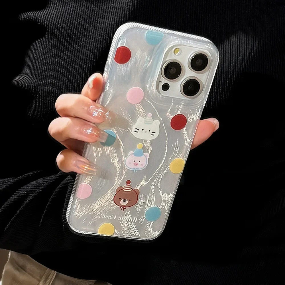 Korean Style Colorful Polka Dot Bear Phone Case for IPhone16 15 14 12 13 11 Pro ProMax Plus X XR Shockproof Phone Cover