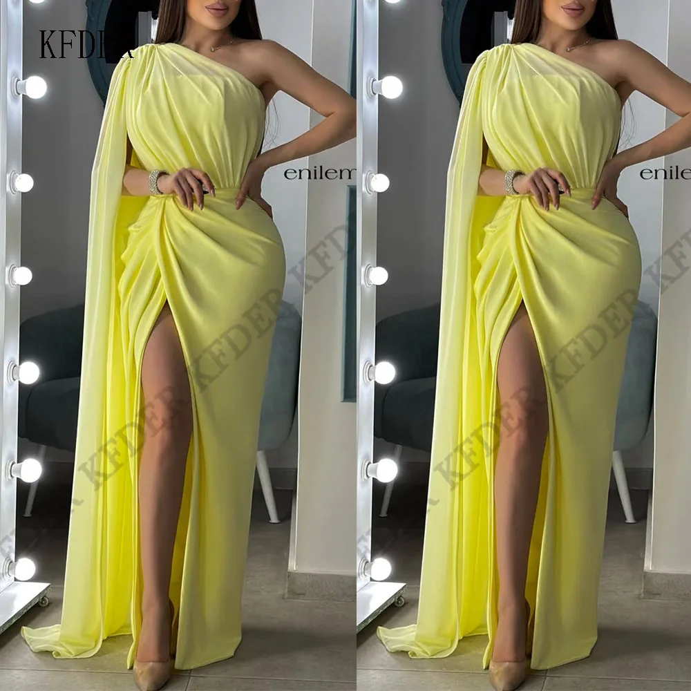 Yellow Strapless Mermaid Sexy Side Silt Formal Prom Gown Elegant One Cape Shoulder Chiffon Evening Draped Dresses Dress