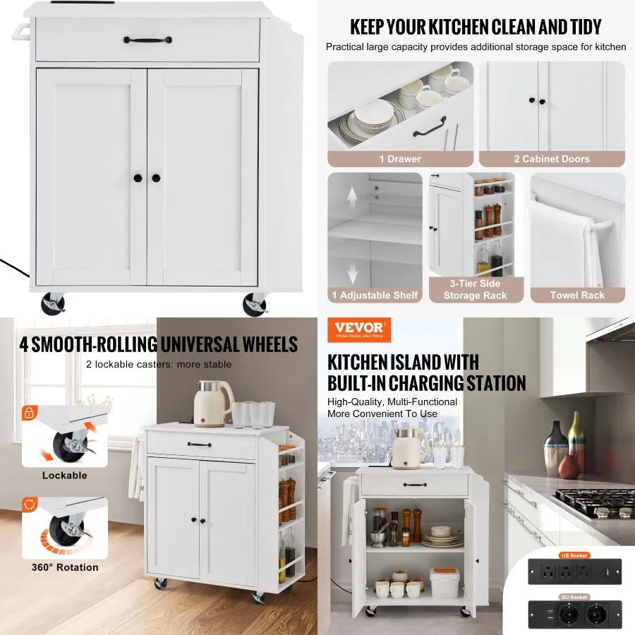 VEVOR Kitchen Island Cart Rolling Storage Cabinet on Wheel with Charging Station