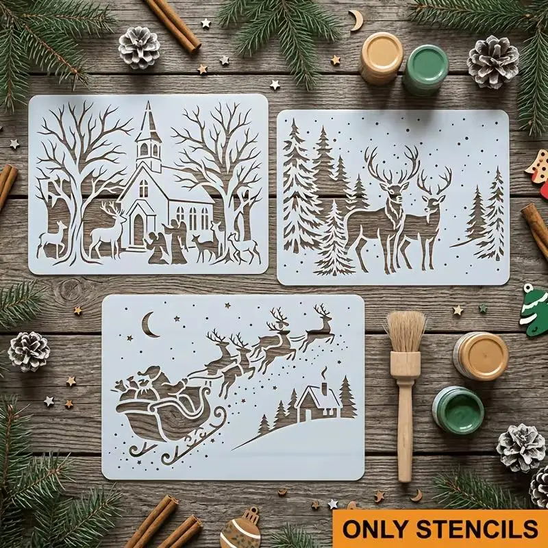 3PCS 21×14.8cm Christmas Stencil Set Reusable PET Templates For Wall Window Wood Fabric DIY Holiday Decoration
