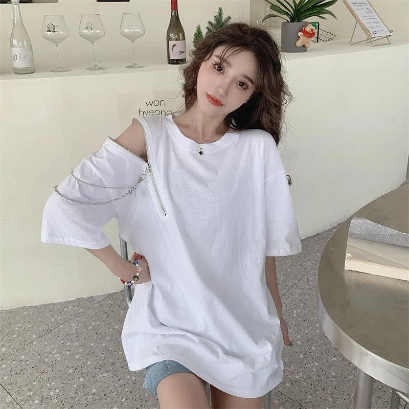 

Summer Cold Shoulder Zipper Short Sleeve Women O Neck Sweatshirts With Chain Fashion Hip Hop Personality 2xl Oversized T Shirts