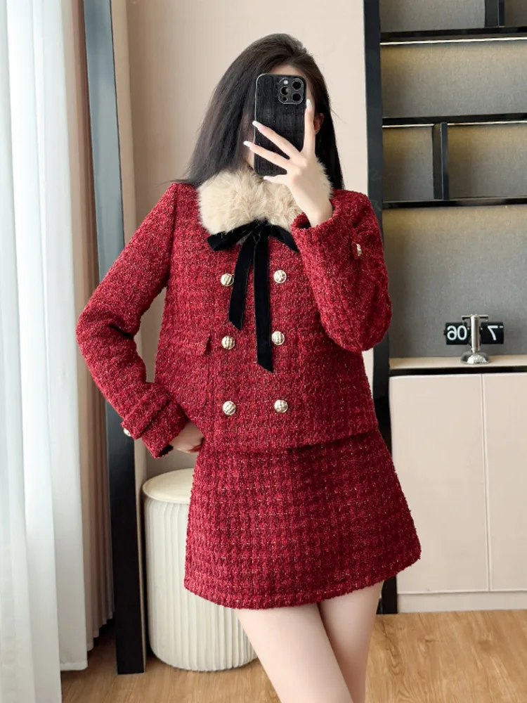 

High Quality Sweet Small Fragrant 2 Piece Sets For Women Faux Fur Collar Jacket Coat + Skirt Suits Fashion Two Piece Outfits