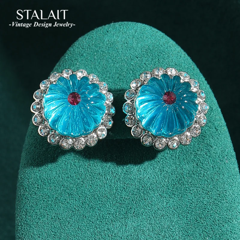 

Vintage Antique Silver Color Round Stone Stud Blue Earrings Woman Glass Flower Luxury Designer Accessories Jewelry High Quality