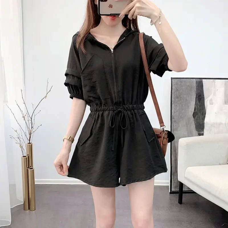 

Women's Spring Summer Hooded Pullover Zipper Solid Color Pockets Shirring Lantern Long Sleeve Waist Shorts Jumpsuits Korean Set