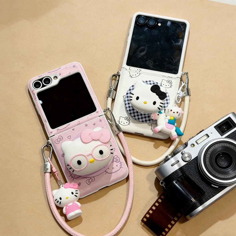 Sanrio Hello Kitty Magnetic Grip Tok Holder Magsafe Wireless Charge Phone Case For Samsung Galaxy Z Flip 7 6 5 Leather Cover