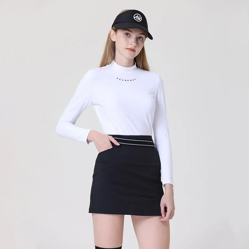 Azureway Lady Round Neck Golf Shirt Autumn Long Sleeve Sports Tops Women Pencil Golf Panskirts Winter Split Wrap Skirt Set