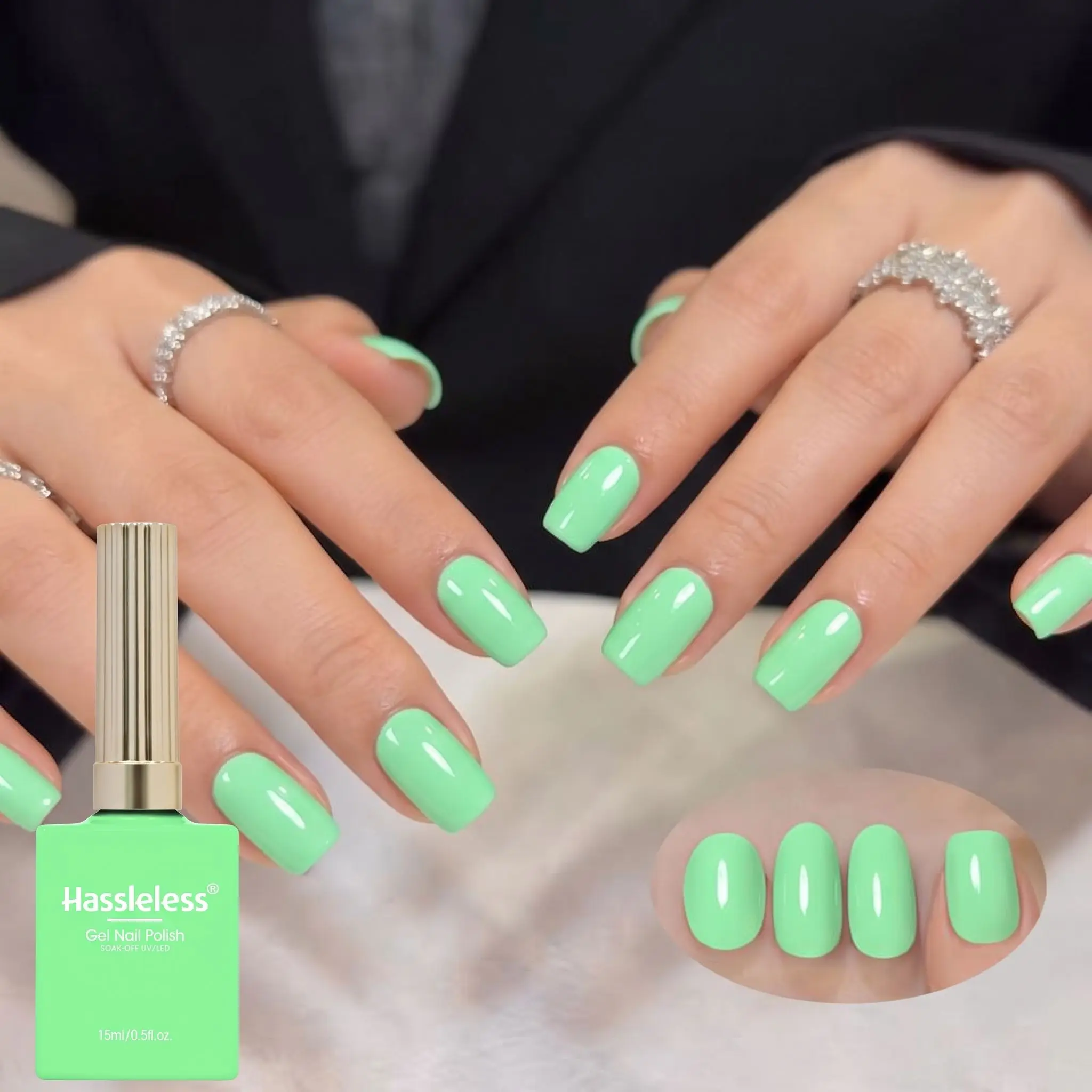Hassleless Fluorescent Green Nail Gel, applies smoothly and provides even coverage, fluorescent green nail polish, clear and glossy