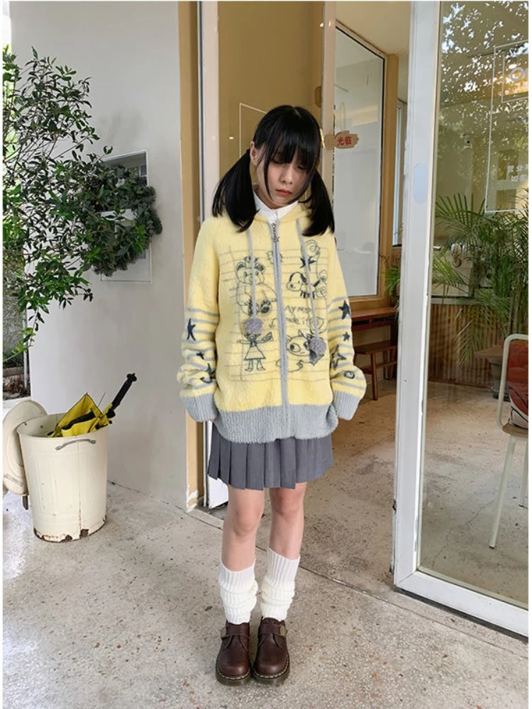 Damski sweter w stylu American Vintage z nadrukiem słodkiego graffiti, słodki kawaii, oversize, z kapturem, zimowy, dziergany, modny, dopasowany kardigan, nowy.