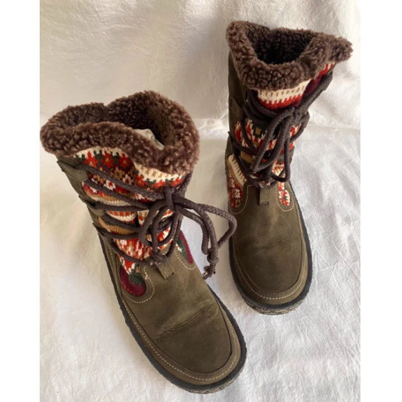 

Зимние сапоги в богемном стиле, женские теплые замшевые ботинки на плюшевой подкладке, кожаные ботильоны на шнуровке, нескользящая уличная повседневная обувь