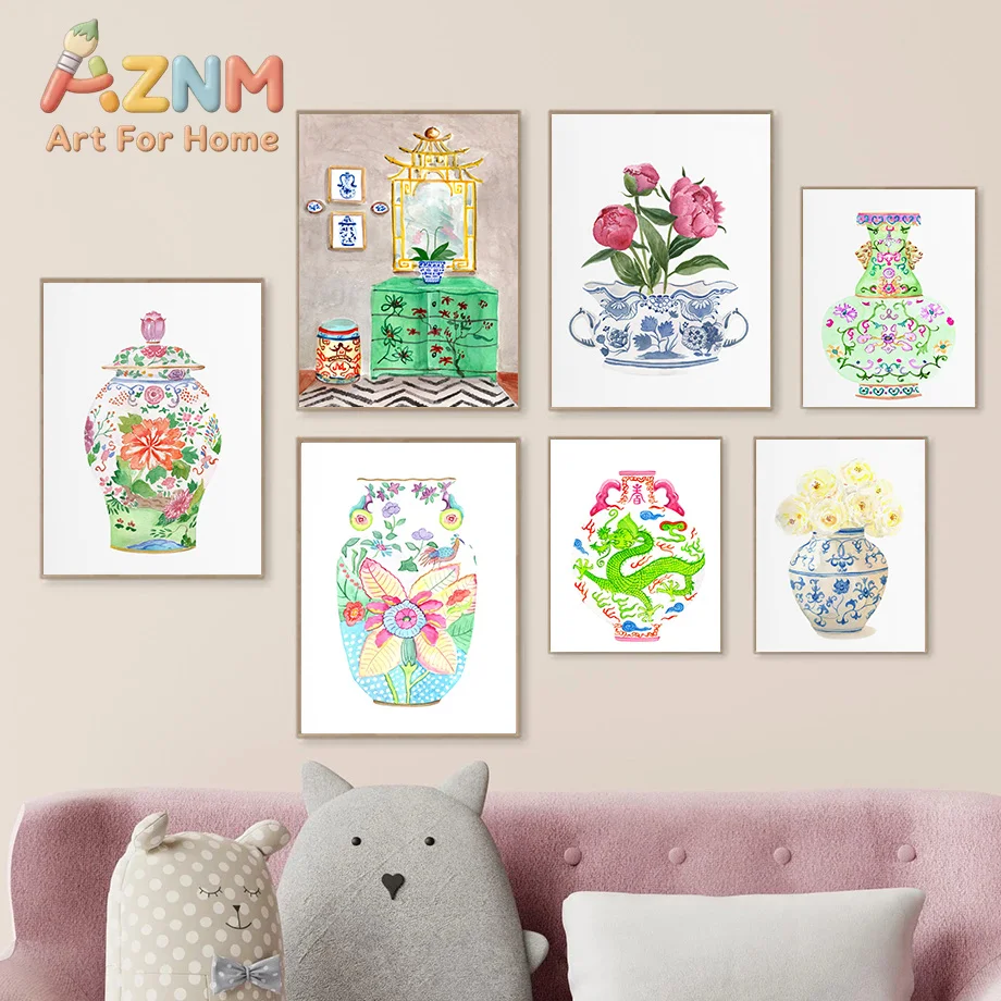 Chinoiserie Vase Watercolor Posters Ginger Jar Blue and White Modern Prints Canvas Painting Wall Picture Home Living Room Dec