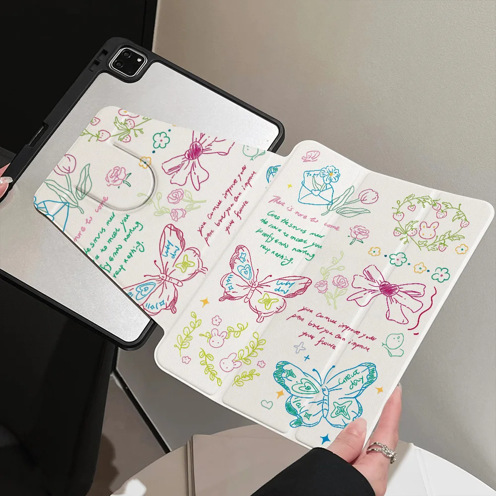 Kawaii Line Art Doodle TriFold Leather Tablet Case for Samsung Galaxy Tab S10 Plus 12.4inch Tab A8 10.5inch Tab S6 Lite 10.4inch