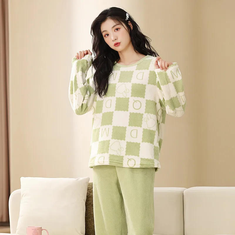 Women's Light Green Flannel Pajama Set Warm Fleece Long Sleeve Cozy Sleepwear Loungewear