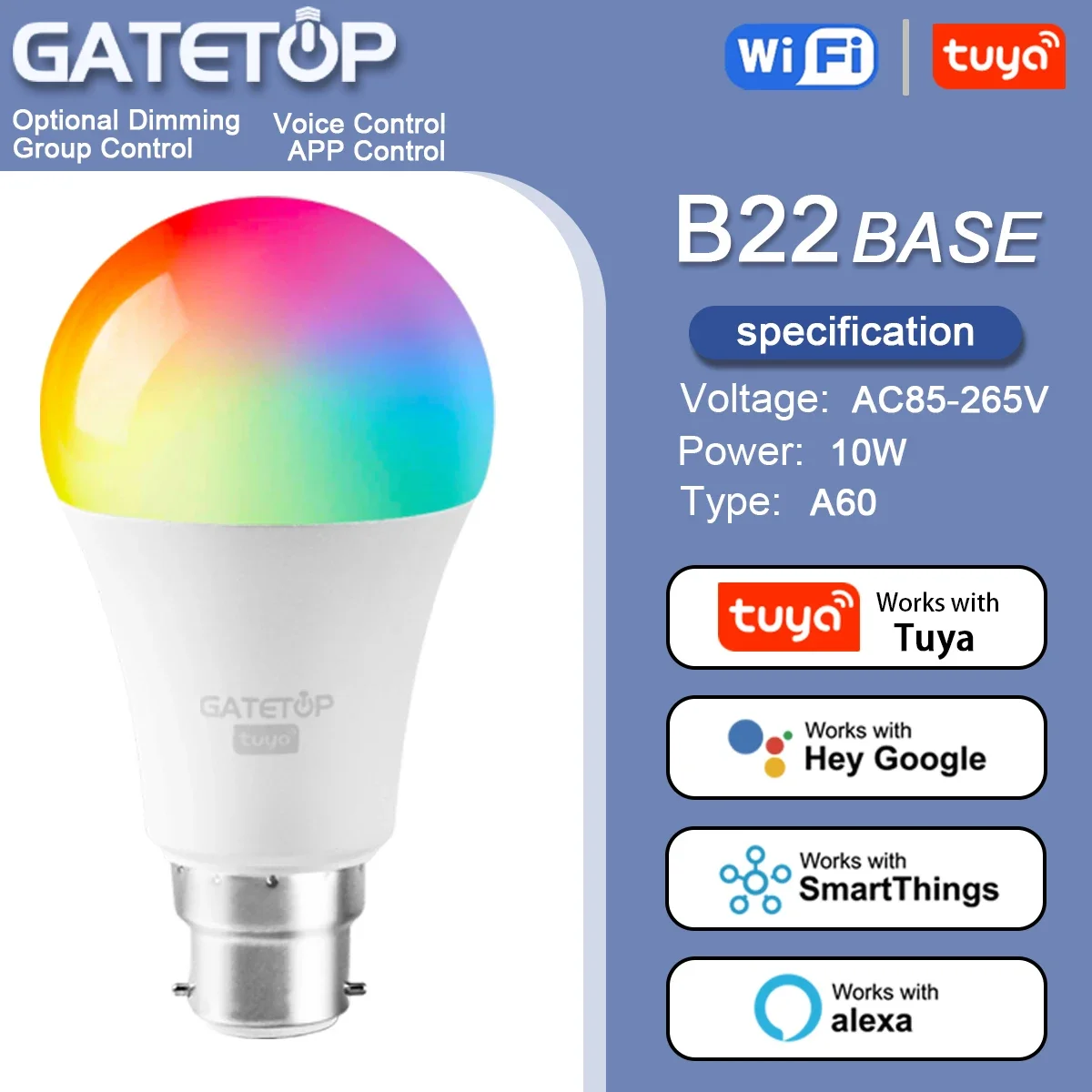 Tuya Rgb Bulb 10W Smart A60 B22 Light Dimmable Wifi Led Magic Lamp AC 110V 85V-265V Work With Alexa Google Home