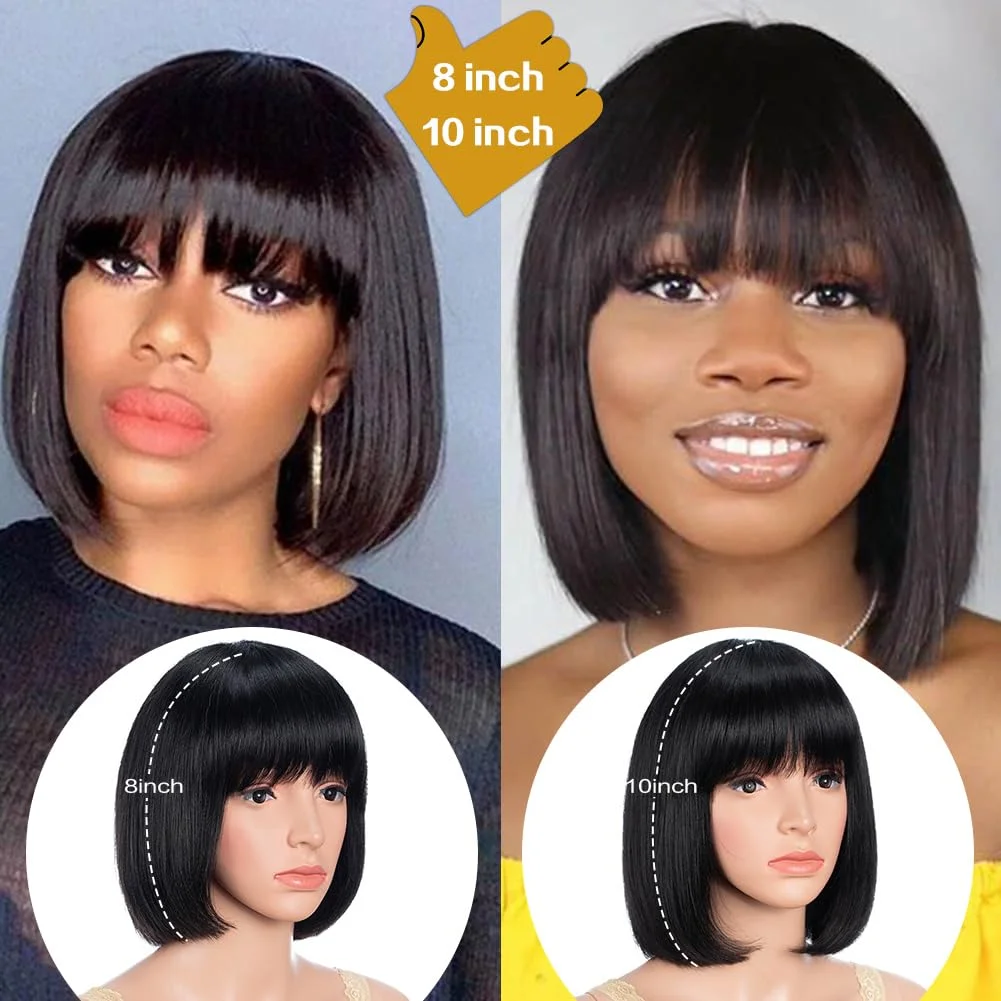Parrucca per capelli umani Bob con frangia per donne nere Capelli corti lisci Parrucche Bob corte fatte a macchina da 8 pollici nere naturali senza colla