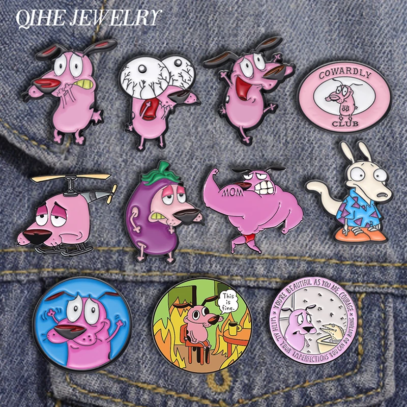 Cartoon Pink Dog Brooch Enamel Pins Cute Anime Courage Cowardly Puppy Brooches Lapel Badge Fashion Jewelry Gift for Kids Friends
