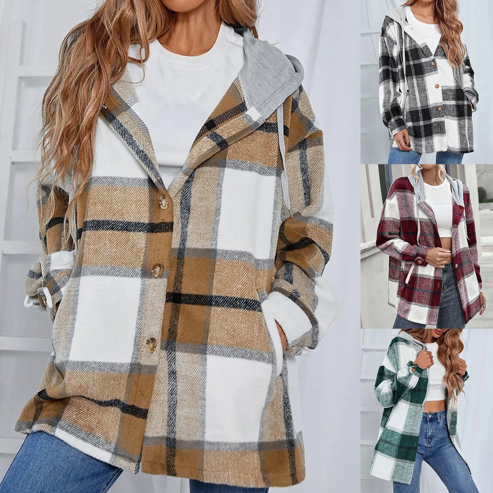 

Womens Fashion Autumn And Winter Temperament Lapel Loose Cardigan With Hood Plaid Winter Wear Women Jacket Denim Jacket Women