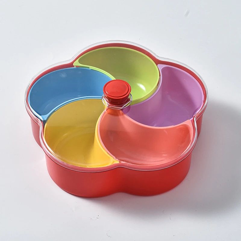 Bandeja redonda para aperitivos y frutas con forma de flor, contenedor dividido para aperitivos y frutas secas, caja de dulces con compartimentos de plástico