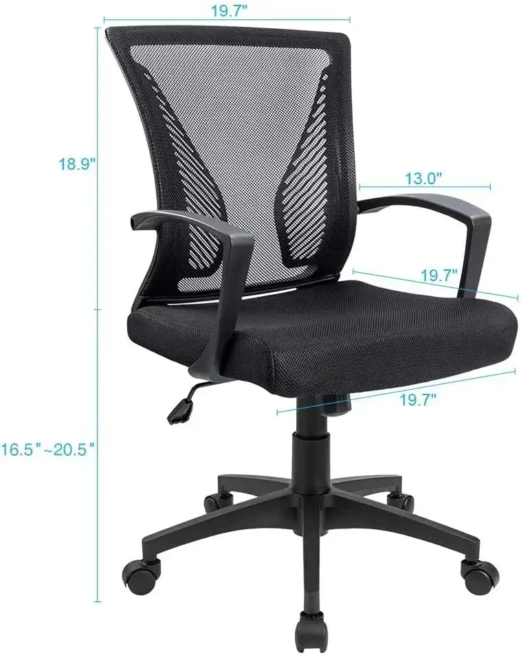 Silla de oficina con respaldo medio, silla de escritorio con soporte lumbar giratorio, malla ergonómica para computadora con reposabrazos (negro)