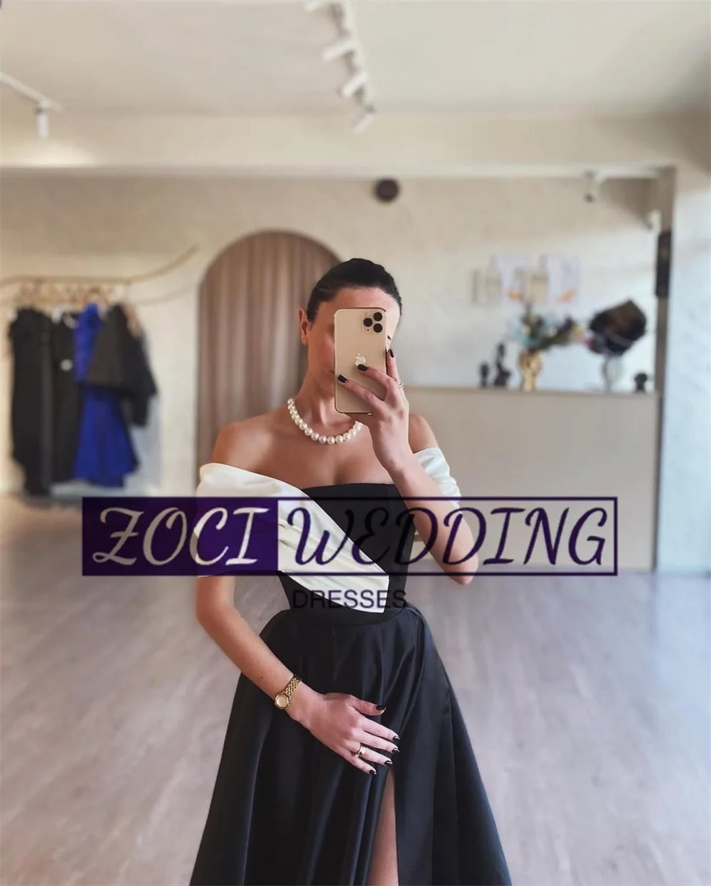 Zoci Elegant Contrast Color Prom Dresses Off Shoulder Satin A Line Special Occasion Gown Customized High Side Split Prom Gowns