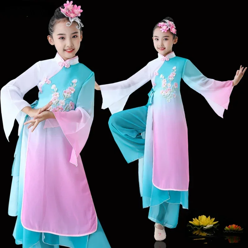 Chiffon Chinese Traditional Yangko Dance Costumes Girls Kids Hanfu Classical Dancewear Blue Fan Umbrella Costume Hmong Clothes